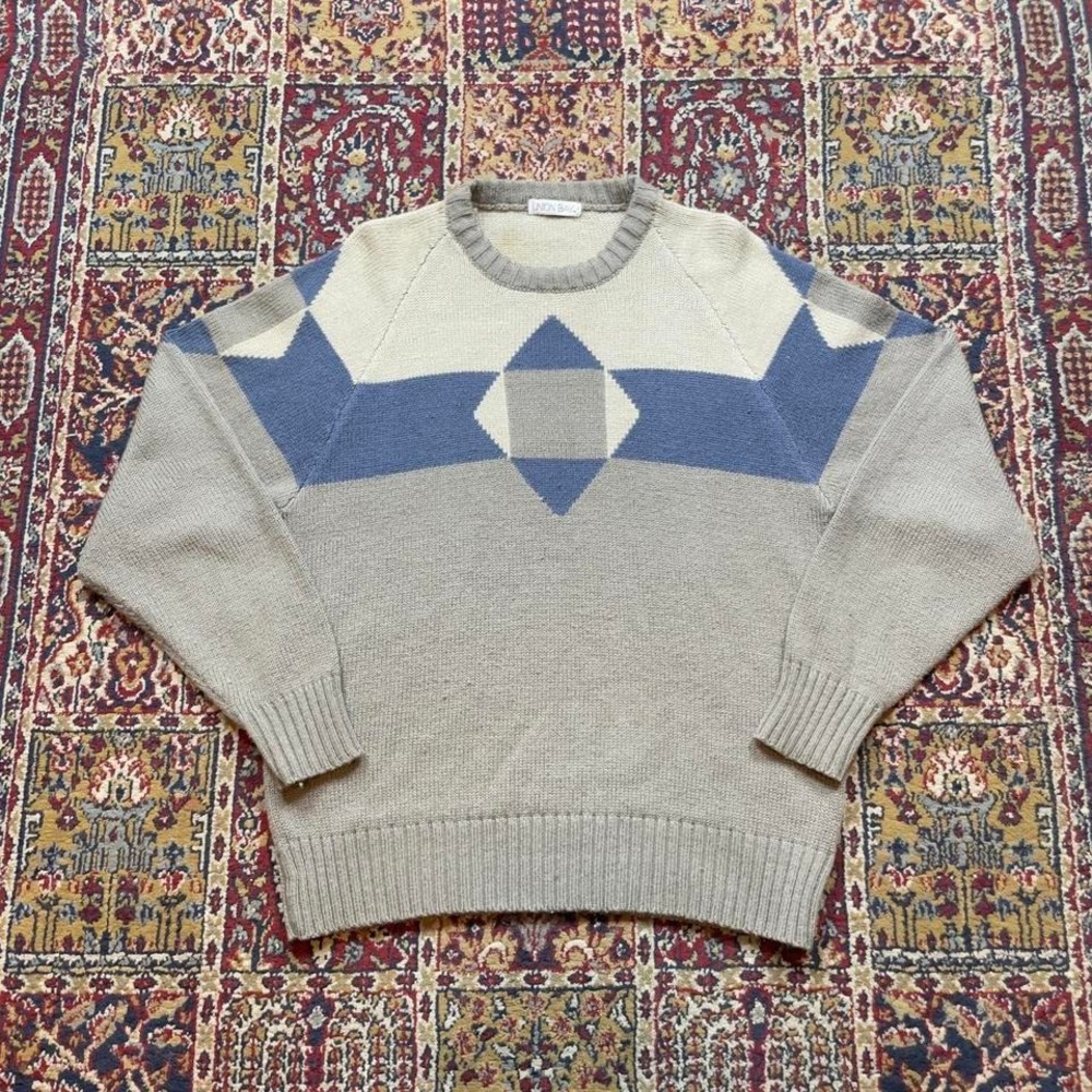 VTG 80s 90s Union Bay knit aztec star‎ striped ringer pattern fall sweater M tan
